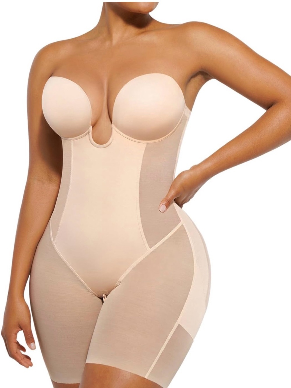 ShapeLLX 3x Nude Deep Plunge Backless Bodysuit  Hourglass Shaping Boost Breast